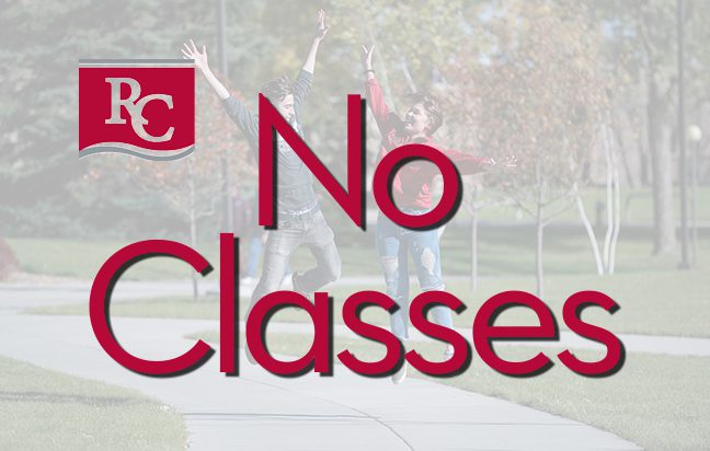 No Classes graphic. No classes in red lettering with students jumping in the background.