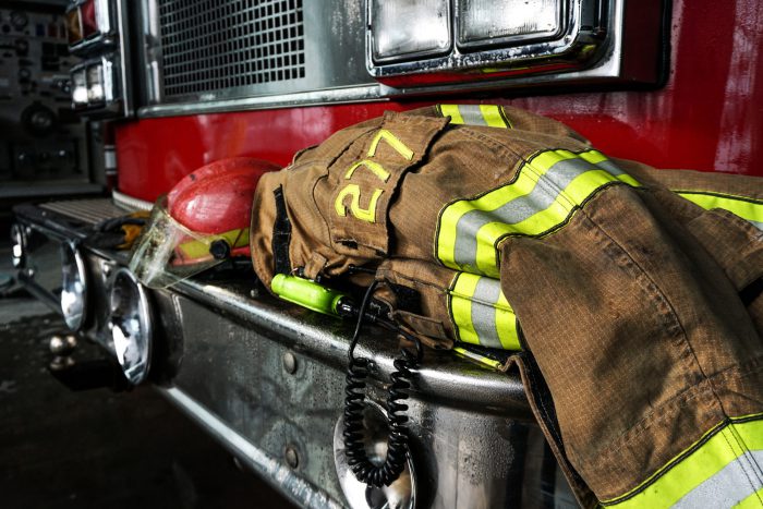 Fire truck and coat and helmet