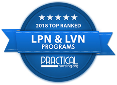 Blue badge with 2018 top ranked program from practical nursing