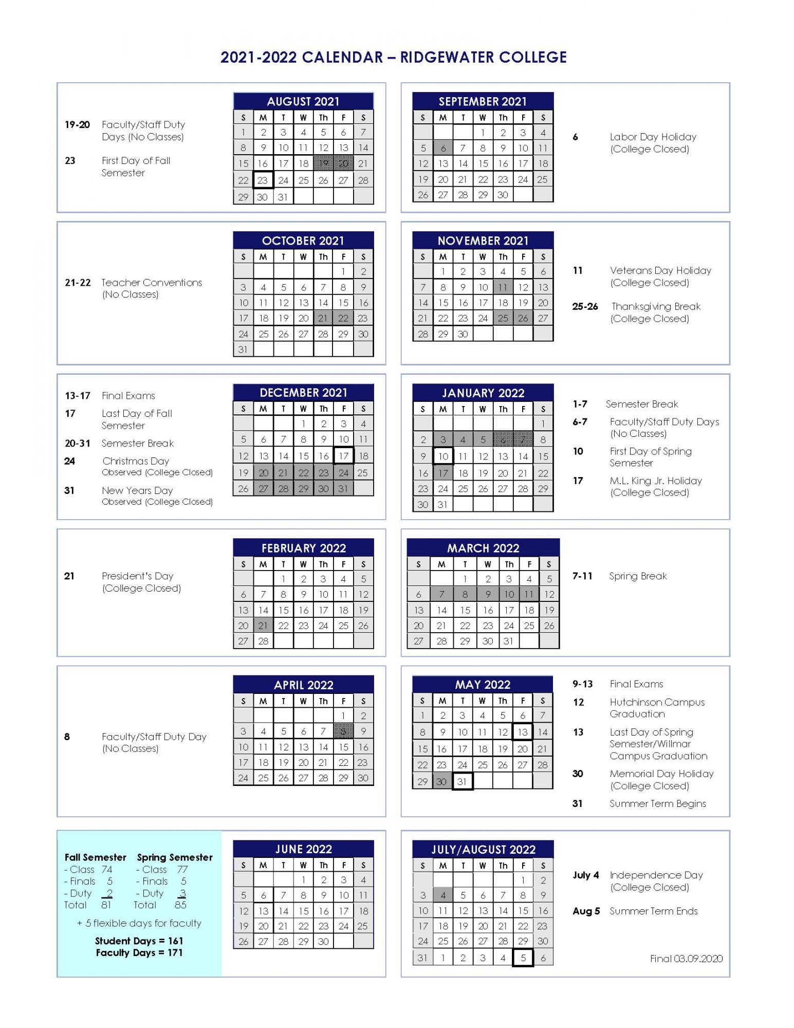 2022 2023 Academic Calendar Ridgewater College