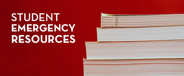 Stack of books with red background and title "Student Emergency Resources"