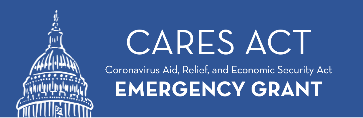 CARES Act Emergency Grant with a capitol building outline and a blue background