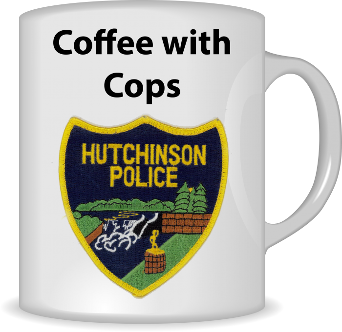 Image of a mug with "Coffee with Cops" and the Hutchinson Police badge.