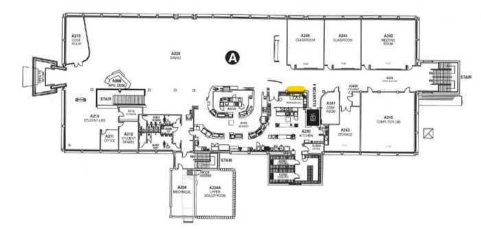 Map of the 2nd floor of the Willmar Student Center, with yellow highlighting at the location of the pod.