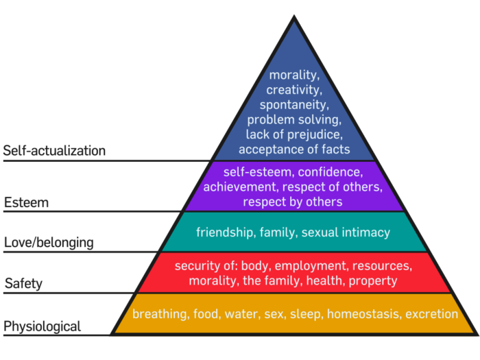 Maslow's Hierarchy of needs, listing the physiological, safety, love/belonging, esteem and self-actualization needs of all people 