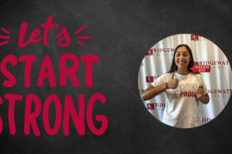 Blackboard background with red lettering "Let's Start STRONG" with a circle photo of a student giving the thumbs up holding a photo booth prop saying "Dream Big!"