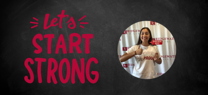 Blackboard background with red lettering "Let's Start STRONG" with a circle photo of a student giving the thumbs up holding a photo booth prop saying "Dream Big!"