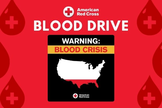 American Red Cross Blood Drive. Warning: Blood Crisis! Donate blood to help.
